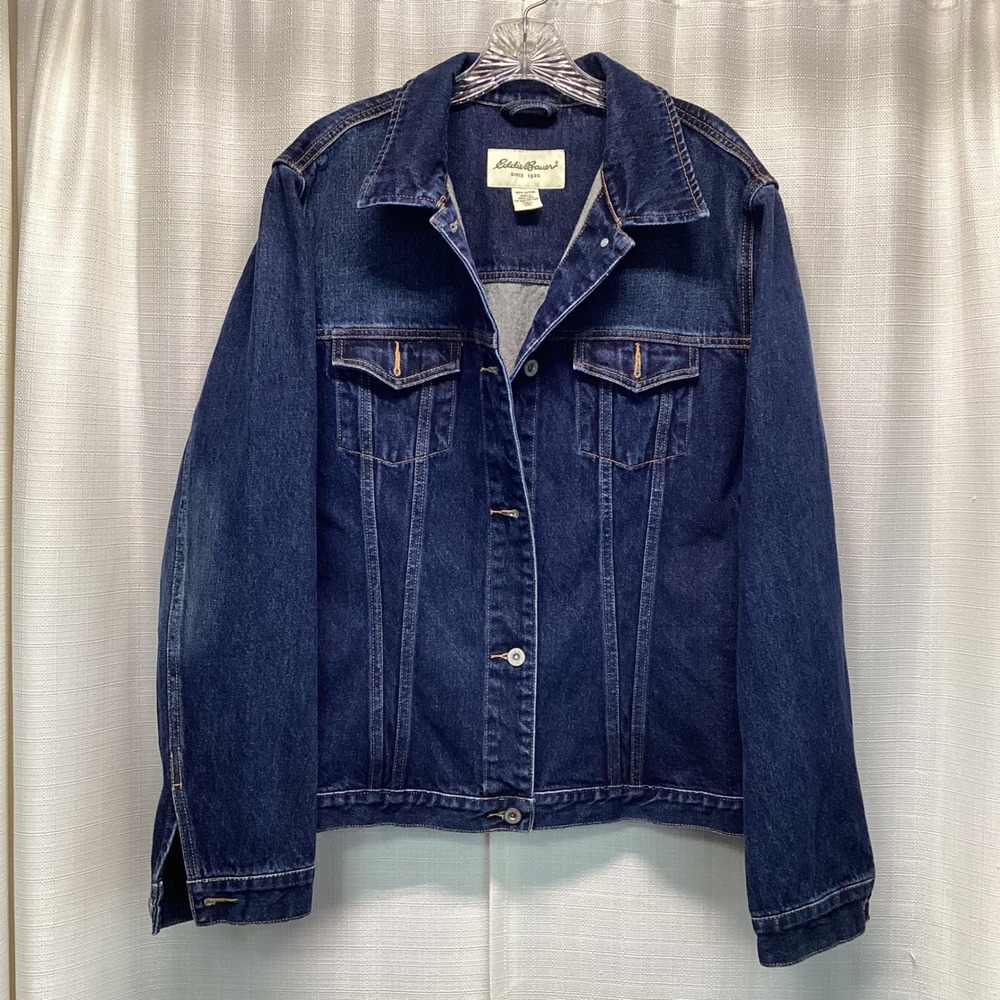Eddie Bauer Womens XXL Tall Dark Wash Denim Trucker Jacket 100% Cotton Gorpcore
